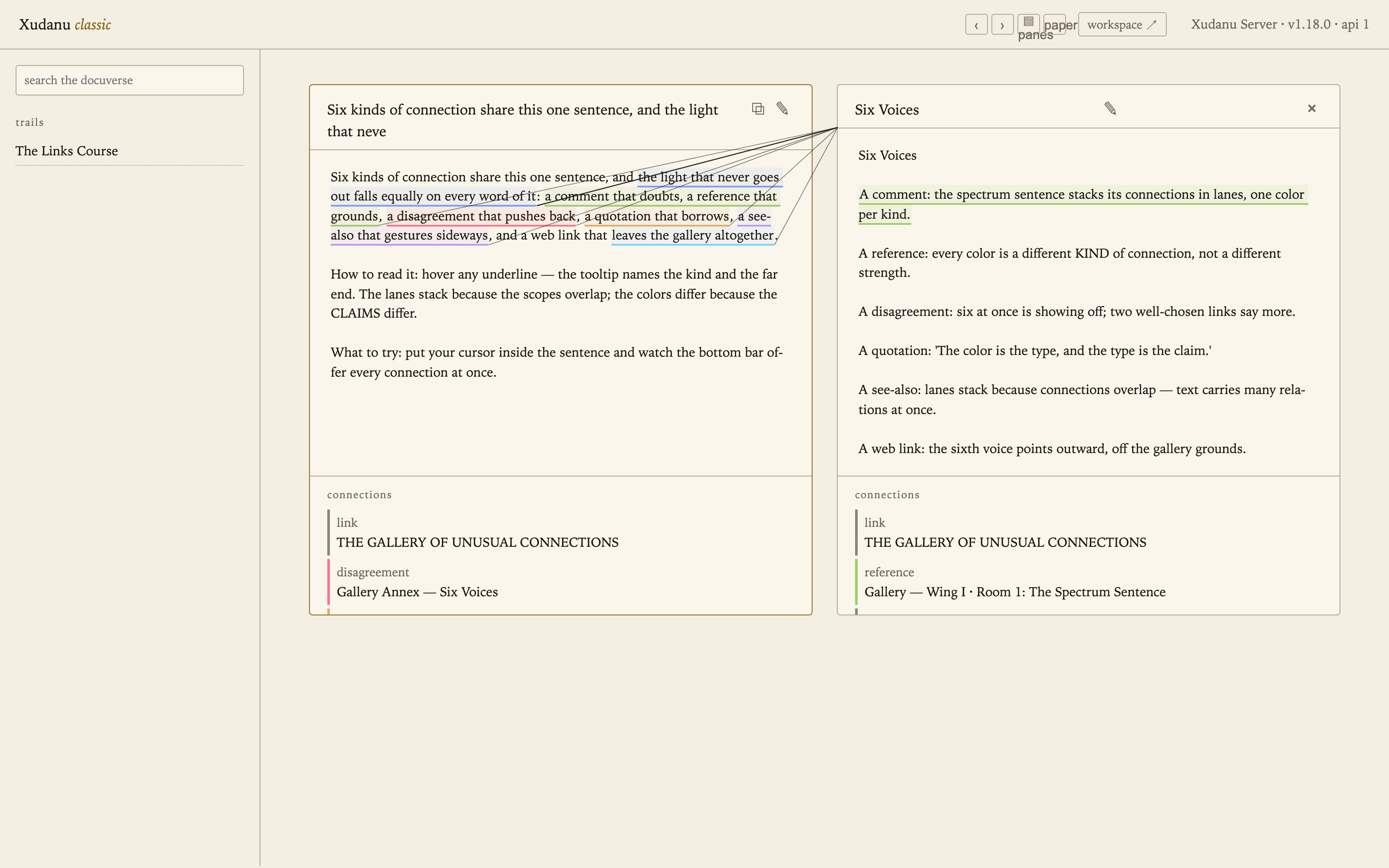 The Spectrum Sentence in the classic client, paper skin: two columns with six straight ink lines pairing passages