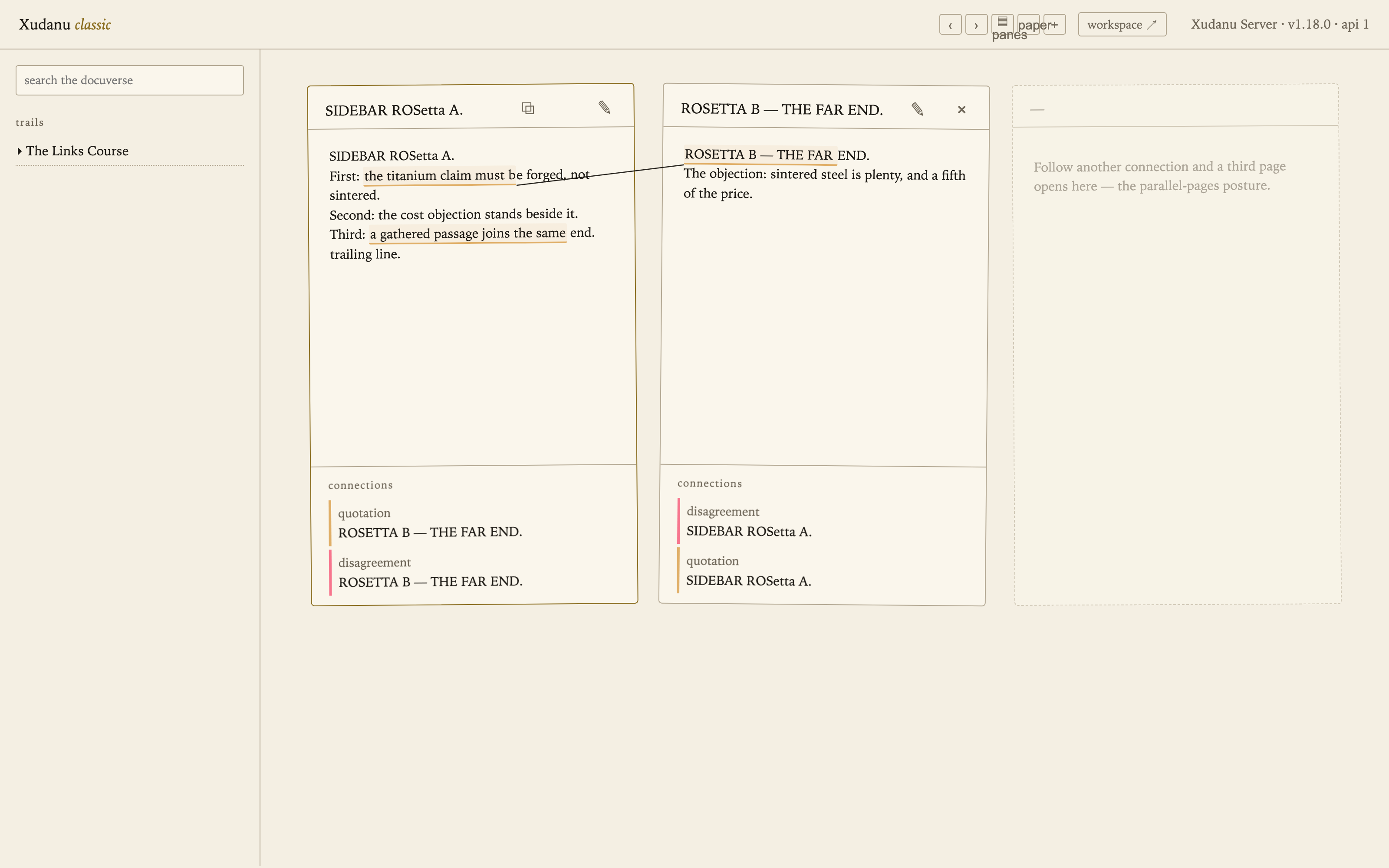Classic, paper skin: two pages side by side, colored underlines and an ink line between the passages