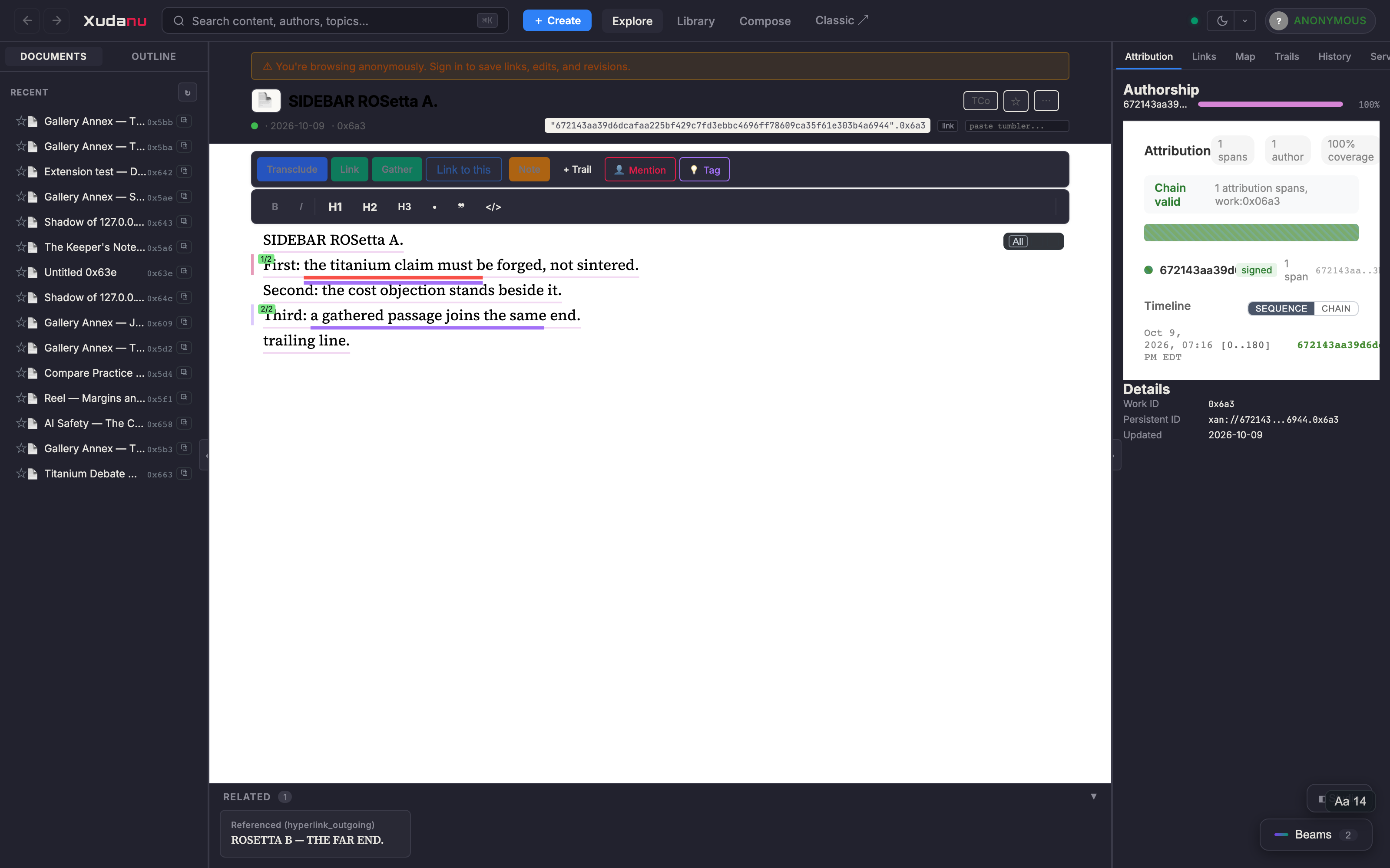 Workspace: the same work in the editor, underlined passages, links panel