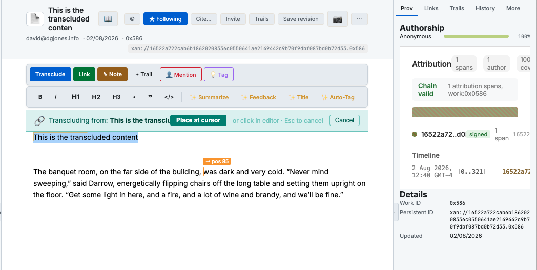 Placing the transclusion in the destination document